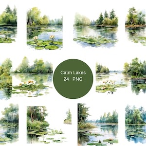 24 Calm Lakes aquarel clipart, landschap clipart, individuele png-afbeeldingen op transparante achtergrond, sublimatie