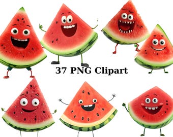 37 Funny Watermelons Clipart, Whimsical Clipart, PNG individual images on transparent background, sublimation