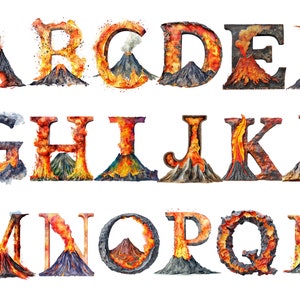 Aquarell Vulkan Alphabet Clipart, PNG-Einzelbilder auf transparentem Hintergrund, Sublimation, kommerzielle Nutzung