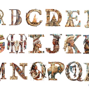 Clipart dell'alfabeto indiano dei nativi americani dell'acquerello, singole immagini PNG su sfondo trasparente, sublimazione, uso commerciale