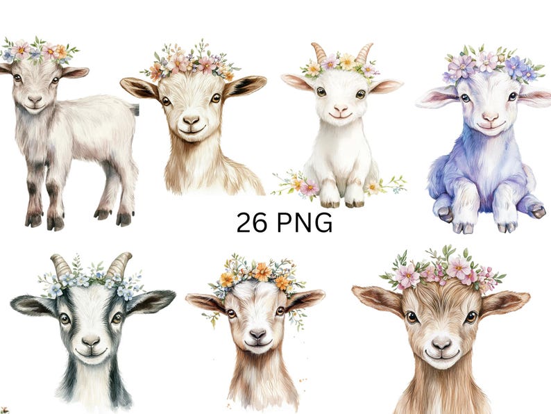 May include: A set of 26 digital illustrations of goats wearing flower crowns. The goats are in various poses and have different colored fur. The illustrations are in a watercolor style.