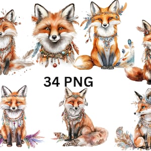 Collection de cliparts renard bohème - 34 images PNG de renards ornés de plumes et de bijoux, images individuelles PNG sur fond transparent