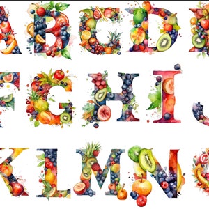 Frutas FONT png, Frutas Alfabeto png, Frutas png Cortar Archivos Para Cricut, Frutas Niños Alfabeto, Frutas Acuarela