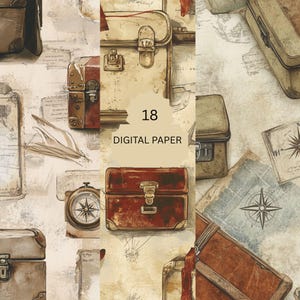 Puede incluir: Ilustración con maletas, brújulas y mapas vintage en tonos marrón, beige y rojo. Se muestra el texto "18 DIGITAL PAPER". El diseño evoca el viaje y la aventura, adecuado para proyectos de scrapbooking digital o manualidades.