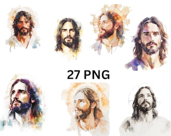 27 retratos de Jesús en acuarela PNG: ilustraciones de arte espiritual de Jesucristo con halo y luz sagrada