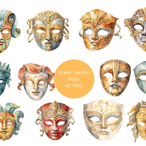 42 masques de théâtre grec aquarelle clipart, clipart baies, images individuelles PNG sur fond transparent, sublimation