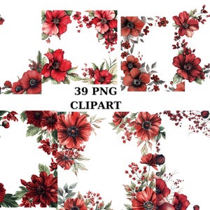 Elegant Red Flowers Clipart, 39 PNG Frames on Transparent Background, Perfect for Wedding and Romantic Decor
