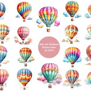 43 Clipart ad acquerello in mongolfiera, file digitali PNG su sfondo trasparente, sublimazione, uso commerciale