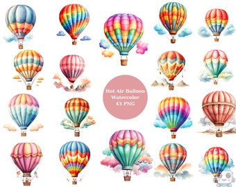 43 Hot Air Balloon Watercolor Clipart, PNG digital files on transparent background, sublimation, commercial use