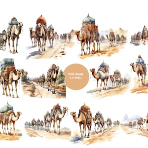 13 Silk Road aquarel clipart, geschiedenis clipart, individuele PNG-afbeeldingen op transparante achtergrond, sublimatie