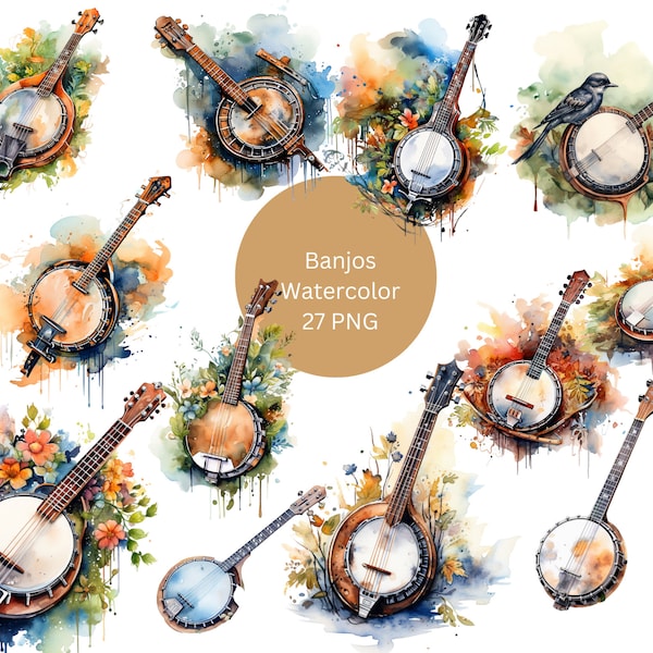 Watercolor Banjos Clipart, PNG digital files on transparent background, sublimation, commercial use