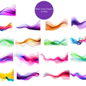 May include: A set of 17 digital clipart images featuring colorful neon lines in various shapes and sizes. The lines are abstract and wavy, creating a dynamic and modern look. The images are perfect for adding a touch of color and energy to any design project.