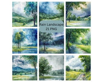 Watercolor Rain Landscapes Clipart, beautiful Nature PNG individual images on transparent background, sublimation, commercial use
