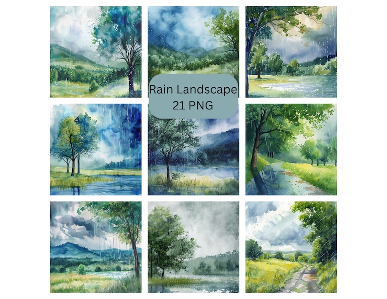 May include: A set of 9 watercolor paintings depicting a rainy landscape with trees, rivers, and hills. The paintings are in shades of blue, green, and gray, with a soft, dreamy feel. The text "Rain Landscape 21 PNG" is visible in the center of the image.