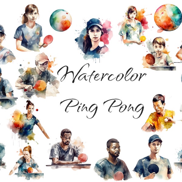 Watercolor Ping-Pong Clipart, PNG digital files, tables tennis, whiff-whaff, scrapbook, invitations, commercial use, instant download