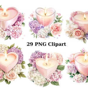 Herzkerze und Blumen Clipart - 29 PNG Romantische Kerzen Illustrationen, PNG Einzelbilder auf transparentem Hintergrund, Sublimation