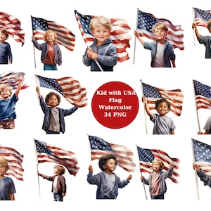 Watercolor 34  Kid with USA Flag Clipart, PNG individual images on transparent background, sublimation, commercial use