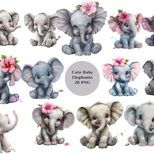 28 süße Elefantenbabys Clipart, Tiere Clipart, PNG-Einzelbilder auf transparentem Hintergrund, Sublimation, kommerzielle Nutzung