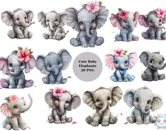 28 Cute Baby Elephants Clipart, Animals Clipart, PNG individual images on transparent background, sublimation, commercial use
