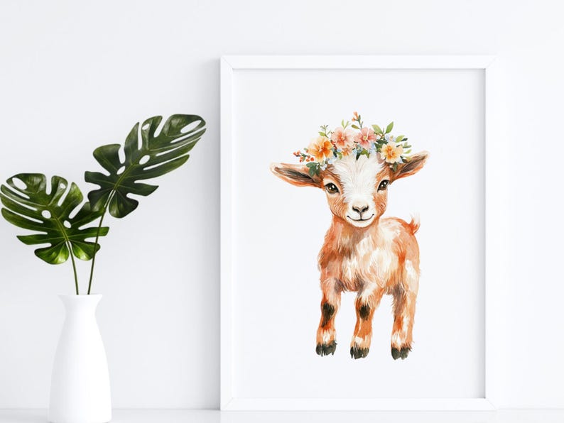 May include: A watercolor painting of a brown baby goat wearing a flower crown. The goat is standing on a white background.