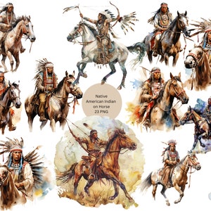 Native American Indian auf Pferd Clipart, Aquarell PNG Einzelbilder auf transparentem Hintergrund, Sublimation, kommerzielle Nutzung