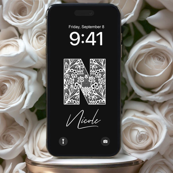 Personalized iPhone Wallpaper,Custom Phone Wallpaper, iPhone Background,Floral Wallpaper,Monogram Gift,Lace ornament,Dark Wallpaper