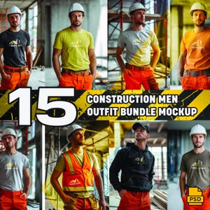 Pode incluir: Uma coleção de imagens mostrando roupas de trabalho para trabalhadores da construção civil. As roupas incluem camisetas, moletons e coletes de segurança em várias cores, combinados com calças de trabalho laranja. Cada trabalhador usa um capacete. O texto "CONSTRUCTION MEN OUTFIT BUNDLE MOCKUP" é exibido.