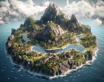 Isometric floating Lofoten Islands landscape
