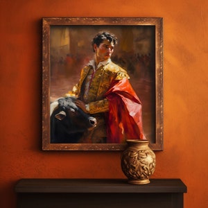 Printed &quot;Matador&#39;s Embrace&quot; | Bullfighter | Spanish Culture | cultural expressions | Oil Painting | Traditional Painting | Digital Art
