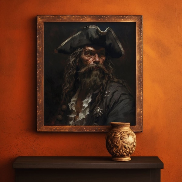 Le roi des pirates « Edward Reigns » | Portrait de pirate | Tableau pirate | Peinture à l'huile | Barbe noire | Edward enseigne | Pirates des Caraïbes