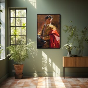May include: A painting of a man in a gold and red costume holding a bull's head. The man is wearing a red cape and a gold jacket. The painting is set against a brown background.