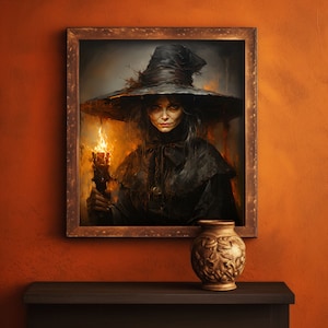 May include: A painting of a woman in a black witch's hat and dress, holding a torch. The background is a fiery orange.