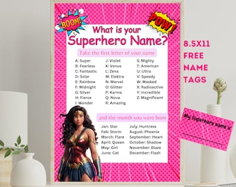 Signo de fiesta de superhéroes, ¿Cuál es tu signo de nombre de superhéroe?, fiesta de mujeres maravillas, cumpleaños de superhéroes, juego de nombres de superhéroes, fiesta de superhéroes,