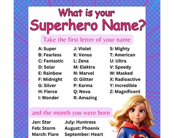 Signo de fiesta de superhéroes, ¿Cuál es tu signo de nombre de superhéroe?, fiesta de superchica, cumpleaños de superhéroe de niña, juego de nombres de superhéroes, fiesta de superhéroes,