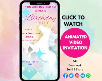 Invitación en video de cumpleaños de unicornio, invitación a fiesta, evite, teléfono celular, invitación móvil, cumpleaños de niñas, canva, invitación, única, digital, 5to