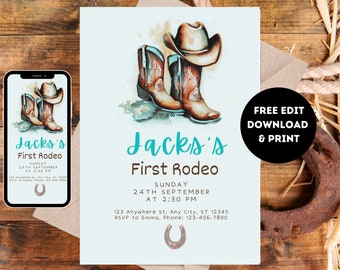 Primera plantilla de invitación a fiesta de cumpleaños de Rodeo, primera invitación de cumpleaños, plantilla imprimible, invitación imprimible, invitación personalizada