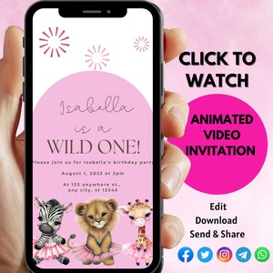 First Birthday Video invitation, girls party invite,evite,cell phone, mobile invitation, 1st birthday, canva, invitation,unique,1st, digital