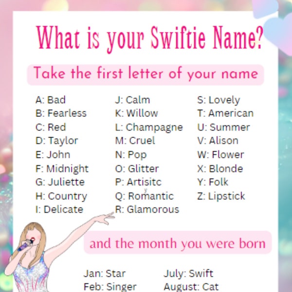 Taylor Swift Game & Name Poster, Instant Download Printable, A3 and A4, What's Your Swiftie Name,  Birthday Party Game