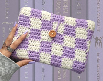 Crochet book cover/sleeve, crochet plaid pouch