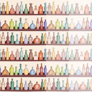 May include: A repeating pattern of various colorful bottles on shelves. The bottles are in shades of brown, green, blue, yellow, and red. The bottles have different shapes and sizes, suggesting a collection of beverages or decorative items.