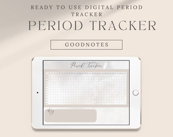 May include: A digital period tracker template for Goodnotes app. The template features a calendar grid with a key section for notes. The calendar grid is on a light brown background with a subtle watercolor effect.
