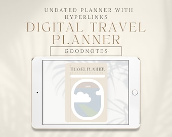 May include: A white tablet displaying a digital travel planner with the text "TRAVEL PLANNER" on a beige background. The planner is designed for use with the Goodnotes app.