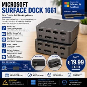 May include: A dark grey Microsoft Surface Dock 1661 featuring multiple ports including 4 USB 3.0, 2 Mini DisplayPorts, Gigabit Ethernet, and a 3.5 mm audio jack. The device includes a Surface Connect cable for charging and workstation connectivity.