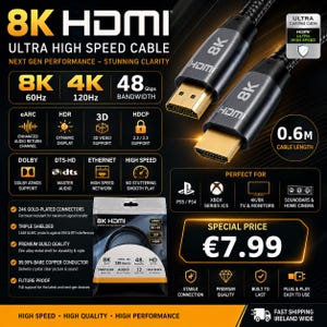 Op de afbeelding: Een 8K Ultra High Speed HDMI-kabel met vergulde connectoren en een gevlochten zwarte buitenkant. De kabel is 0,6 m lang en ondersteunt 48 Gbps bandbreedte, 8K bij 60Hz, 4K bij 120Hz, eARC, HDR, 3D en HDCP 2.2/2.3 voor gebruik met spelcomputers.