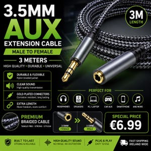 May include: A 3-metre 3.5mm male to female auxiliary extension cable with a black and grey nylon braided jacket and gold-plated connectors. The cable is coiled and features metallic grey connector housings. Text on the image includes 3.5MM AUX EXTENSION CABLE, 3M LENGTH, and various icons for device compatibility.