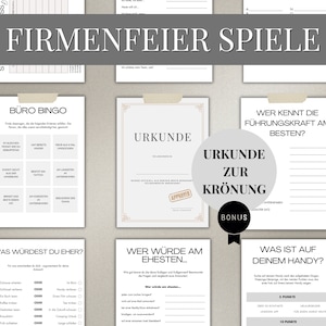Könnte beinhalten: Ein Satz druckbarer Spielkarten für eine Firmenfeier. Die Karten beinhalten Spiele wie "Buro Bingo", "Wen würdest du eher" und "Was ist auf deinem Handy?" Die Karten sind in einem modernen, minimalistischen Stil gestaltet und haben ein beige-braunes Farbschema.