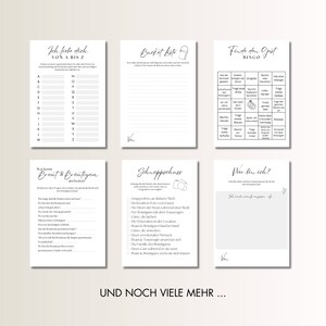 May include: A set of printable wedding games in black and white. The games include "I love you from A to Z", "Bucket List", "Find the Guest Bingo", "Who knows the Bride & Groom best", "Snapshoot", and "Who am I?"