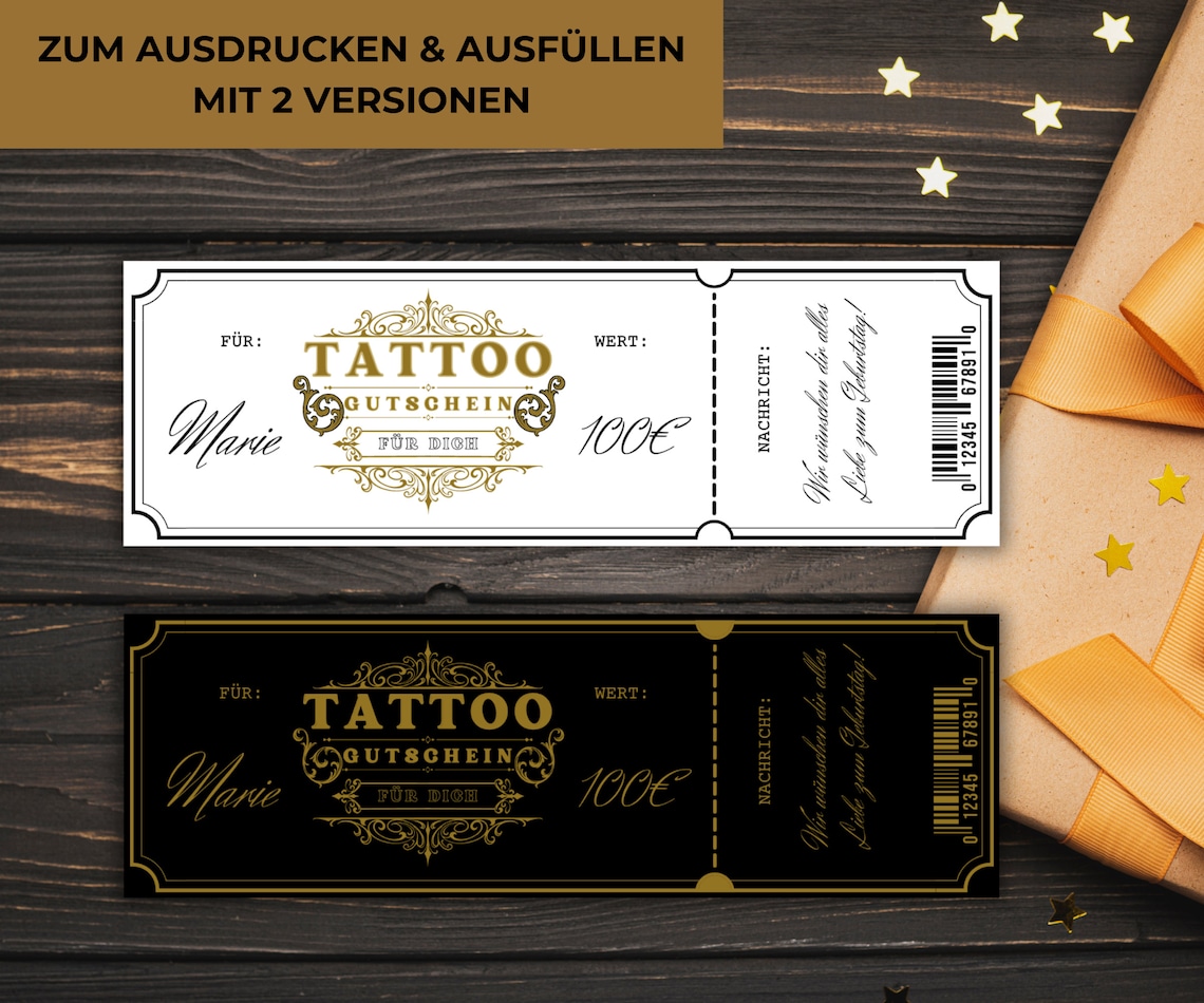 Tattoo Gutschein Vorlage zum Ausdrucken, Tattoo Gutschein basteln PDF
