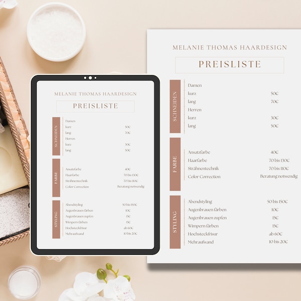 Preisliste für Friseure, Preisliste erstellen Canva Vorlage, Kosmetik Preisliste Vorlage, digitale Design Vorlage zum Ausdrucken