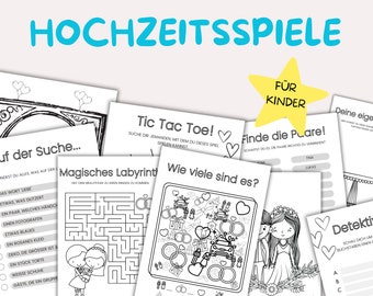 Hochzeitsspiele für Kinder, Aktivitätenheft 12 Spiele, Hochzeit Spiele, Hochzeitmalbuch, Kindertisch Hochzeit Ideen, Drucker freundlich